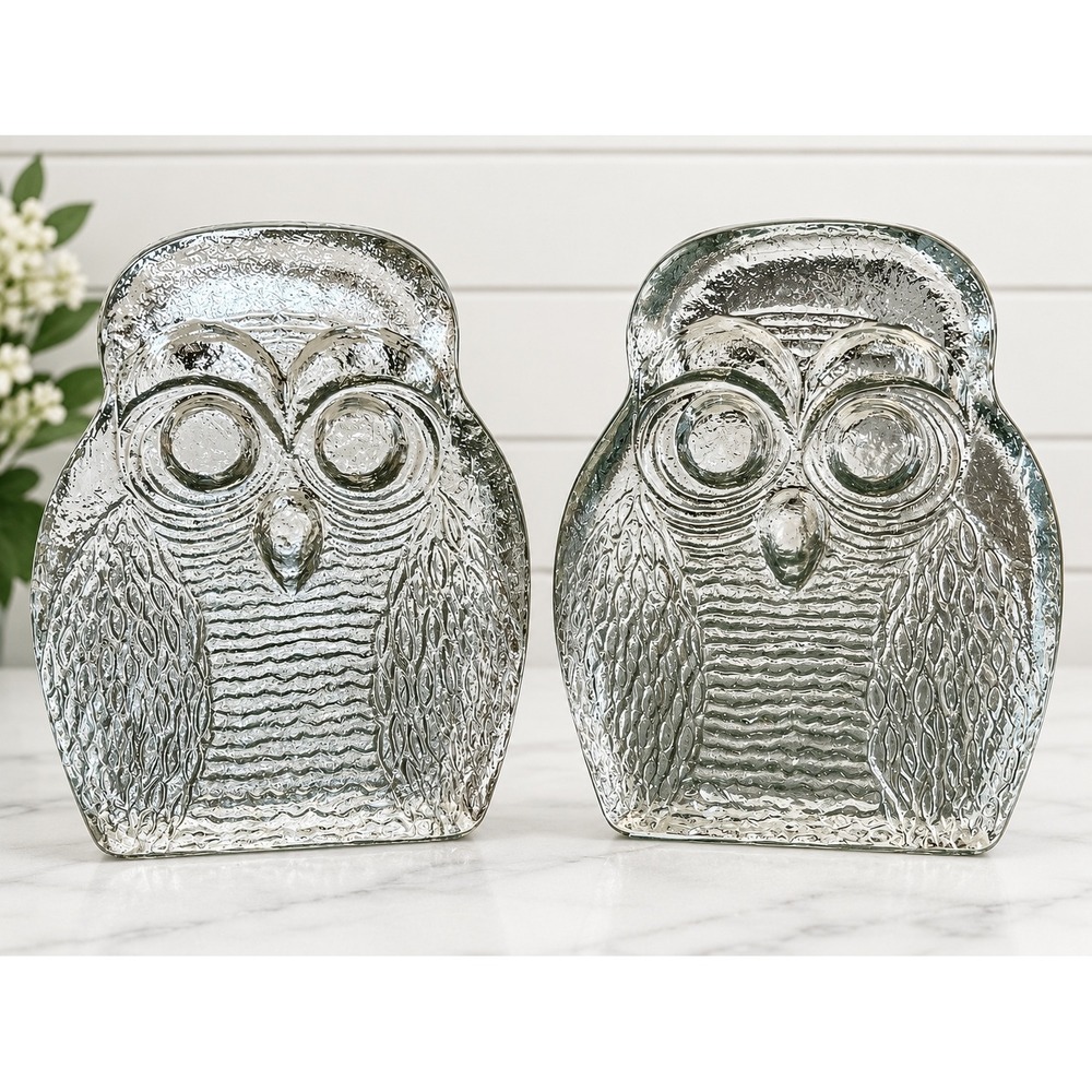 Blenko Owl Bookends Joel Myers Pair #6813 MCM 1960s Vintage USA Heavy Glass